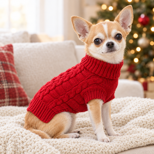 Chihuahua wearing the red cable knit dog sweater on a cozy sofa