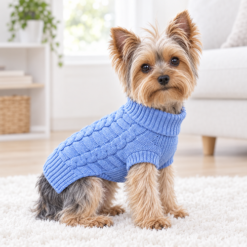 Yorkie wearing the light blue cable knit dog sweater
