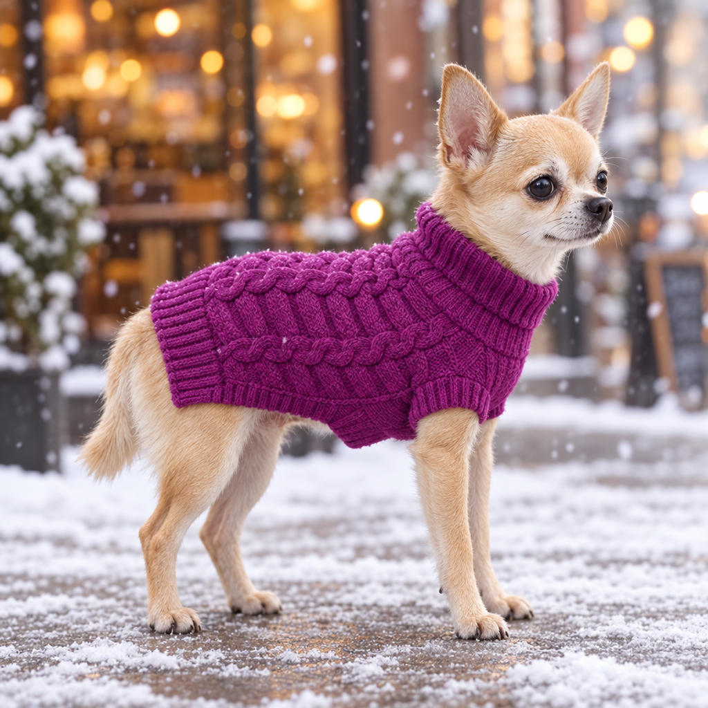 Chihuahua wearing the purple cable knit dog sweater on a snowy winter walk