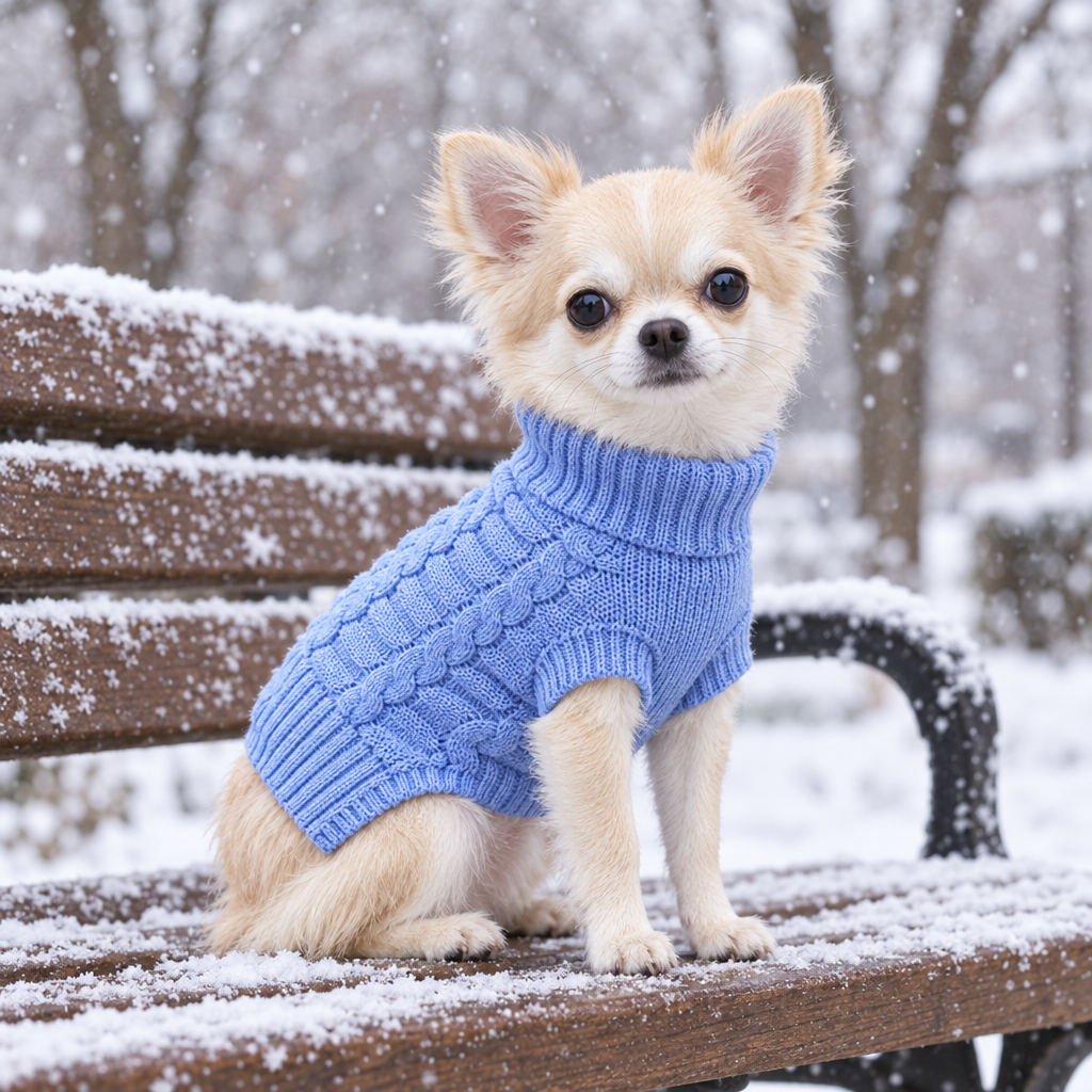 Chihuahua wearing the light blue cable knit dog sweater on a snowy park bench