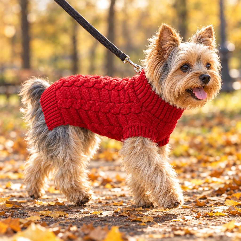 Yorkie wearing the red cable knit dog sweater on an autumn park walk