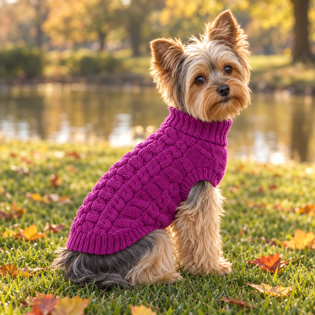 Yorkie wearing the purple cable knit dog sweater in a sunny park